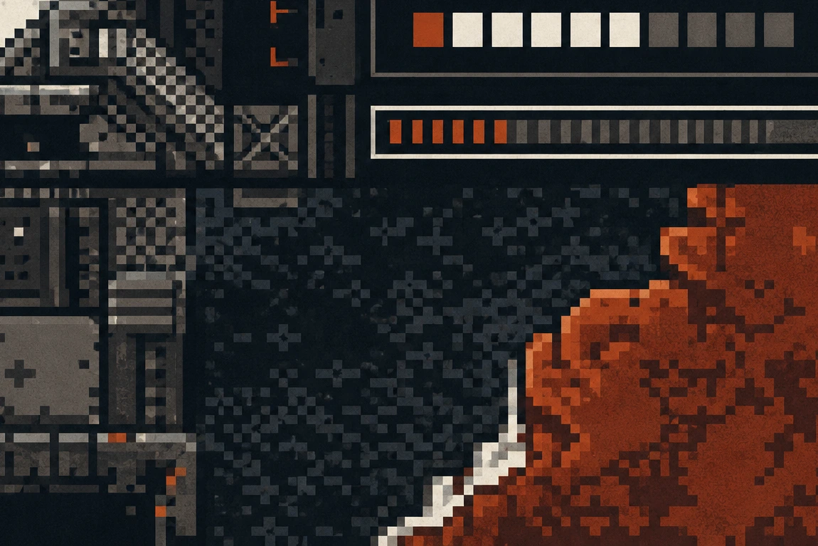 A magnified fictional 16-bit interface fragment with tiled terrain, status indicators, sprite-like forms, and clearly visible pixel structure, cropped tight enough that no edge of the panel is fully visible.